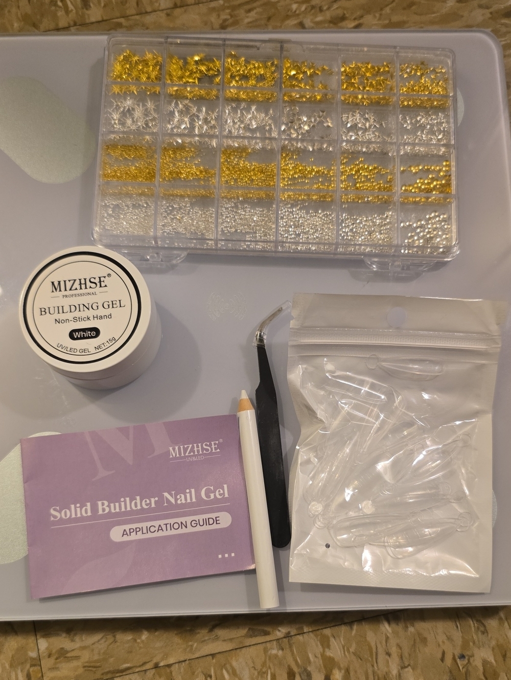MIZHSE White Building Nail Gel Kit with Gold & Silver Nail Charms